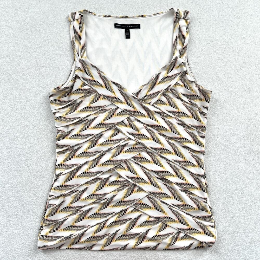 White House Black Market Ecru Yellow Sleeveless Zig Zag Print Shell V-neck Top M